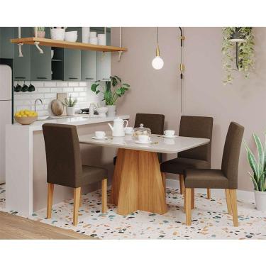 Imagem de conjunto de mesa de jantar retangular com tampo de vidro off white maite e 4 cadeiras maia linho mascavo e nature