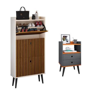 Imagem de Kit Quarto Sapateira Vertical 3 Gavetas Basculantes Dark Off White/Ripado e Mesinha Lateral Pequena Nicho Organizador Dream Cinza/Cinamomo – RPM