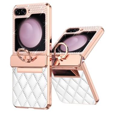 Imagem de LXURY Capa ultrafina para Samsung Galaxy Z Flip 5, capa de celular de couro galvanizado com design de anel, capa protetora à prova de choque, branca, Z Flip 5''