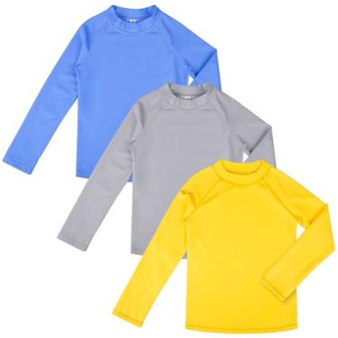 Imagem de BIG ELEPHANT Camiseta de natação infantil Rash Guard FPS 50+, manga comprida, roupa de banho, surfe, proteção solar para meninos e meninas, Azul/cinza/amarelo, XX-Small
