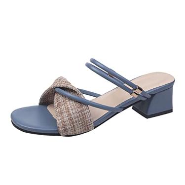 Imagem de CsgrFagr Sandálias femininas primavera e verão novo padrão bico aberto salto quadrado tira de salto grosso sandálias de cunha baixa, Azul, 38