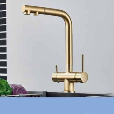 Imagem de Purificador de água torneira da cozinha preto pull out filtro flexível torneiras de cozinha latão 2 em 1 misturador de água quente e fria, ouro escovado, 1