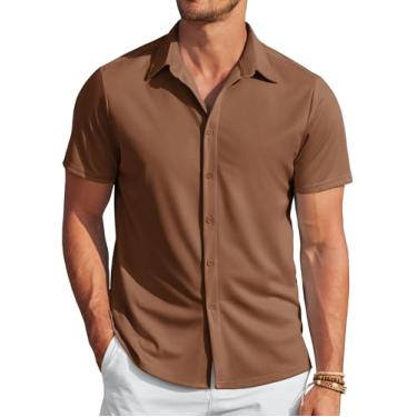 Imagem de COOFANDY Camisa social masculina casual sem rugas manga curta abotoada verão stretch, Marrom claro, 3G