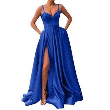 Imagem de Vestido de noite longo feminino sexy decote em V vestido evasê moderno alça lisa cetim sem mangas fenda vestido de festa casamento convidada, Azul, G