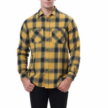 Imagem de Camiseta masculina de manga comprida para homens, gola rolê, flanela, xadrez, térmica, felpuda, inverno, outono 2024, A-555 amarelo mostarda, XG
