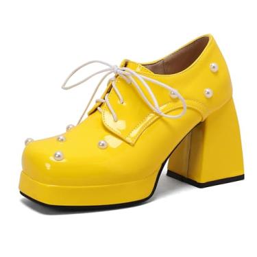 Imagem de FrooN Botas femininas amarelas roxas com cadarço laranja platorm botas curtas botas brilhantes cano curto bico quadrado couro envernizado bota de salto alto preto plus size 5-13, Amarelo, 41