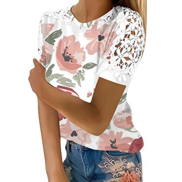 Imagem de Blusas femininas modernas de manga curta grandes com estampas para sair, blusas de algodão de verão, camisetas soltas, túnica atlética, rosa, G
