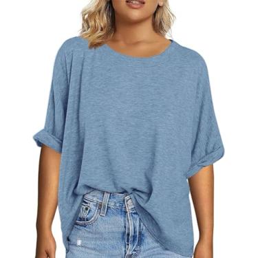 Imagem de Tankaneo Camisetas femininas plus size manga curta verão gola redonda grandes camisetas casuais soltas túnica básica (GG-5GG), Cinza e azul, 5G Plus Size