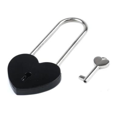 Imagem de 1 cadeado polido em forma de coração de metal com chave de esqueleto, bolsa de mão de substituição, laço de casamento, caixa de joias, caixa de armazenamento, livro diário (preto longo, 1 peça)