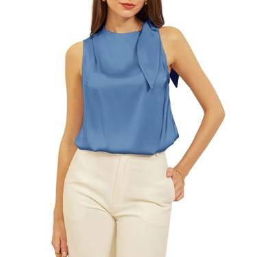 Imagem de GRACE KARIN Blusa feminina casual de negócios com gola redonda de cetim de seda básica sem mangas, Azul, GG