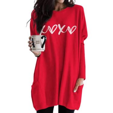Imagem de KEKEMI Camisa social feminina XOXO Natal casual manga longa camisetas estampadas com bolsos, Vermelho - 62, M