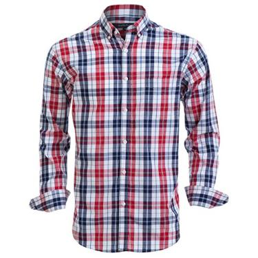 Imagem de Double Pump Camisas masculinas de algodão de manga comprida com botões e modelagem regular, Vermelho/azul-marinho, 3G