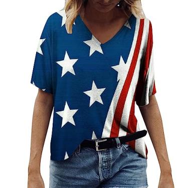 Imagem de Camiseta feminina com estampa da bandeira dos EUA, listrada, gola V, manga curta, camiseta túnica, camiseta de verão, Azul escuro, GG