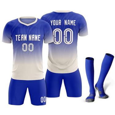 Imagem de Camisetas de futebol personalizadas com logotipo de número de nome masculino feminino infantil camisas de futebol personalizadas uniformes de equipe camiseta juvenil, Azul royal/cáqui claro/gradiente