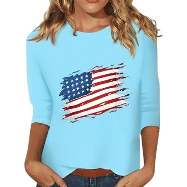 Imagem de Camisetas femininas 4th of July Summer American Flag Star Stripes Tops Loose Fit Manga 3/4 Gola Redonda Festival, Azul-celeste, G