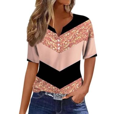 Imagem de Camisetas femininas de verão 2024 com gola V moderna e manga curta, estampa de patchwork, túnica solta, Laranja, M