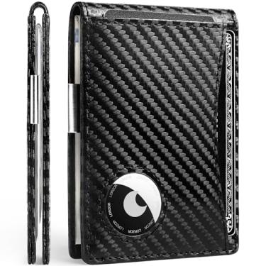 Imagem de Carteira AirTag – Carteira masculina fina minimalista com bloqueio de RFID, dobrável de couro de flor integral, bolso frontal com clipe para dinheiro para Apple Air, 2 presentes para janela de
