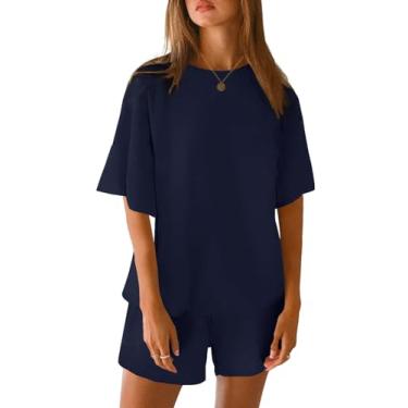 Imagem de Yousify Conjunto de duas peças para mulheres verão 2 peças tops manga 3/4 e shorts de cintura elástica conjuntos loungewear, Azul escuro, P