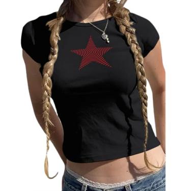 Imagem de Cayxatiu Star Graphic Baby Tees Crop Tops para Mulheres Y2k Grunge Estética Camiseta Sexy Cropped Camiseta Manga Curta para Adolescentes, Preto, G