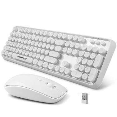 Imagem de FOPETT Combo de teclado e mouse sem fio – teclado branco de tamanho completo de 2,4 G com teclas redondas 104 teclas, teclado de máquina de escrever para laptop/Windows/PC - branco