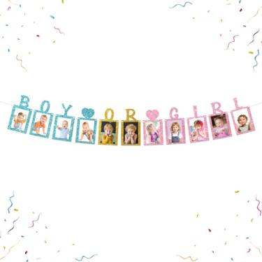 Imagem de WeBenison Banner para fotos de menino ou menina, porta-retrato de papel revelador de gênero, decoração mensal para chá de bebê, 1º aniversário, faixa com glitter