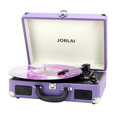 Imagem de JORLAI Leitor de discos vinil de 3 velocidades com Bluetooth toca-discos vintage bateria embutida suporte de mala portátil aux em RCA entrada de fone de ouvido roxo