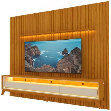Imagem de Painel Gelius Nobre com ripas autênticas e Rack requinte com LED largura 275 cm para TV de 85 polegadas Naturalle/OFF White
