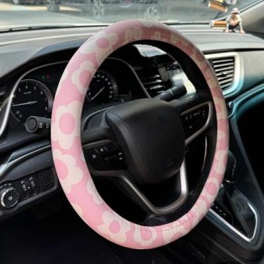 Imagem de Capa de volante vintage Groovy Flowers de couro para carro - microfibra universal de 38 cm - macia e respirável e de silicone antiderrapante para volante automático para mulheres (rosa)