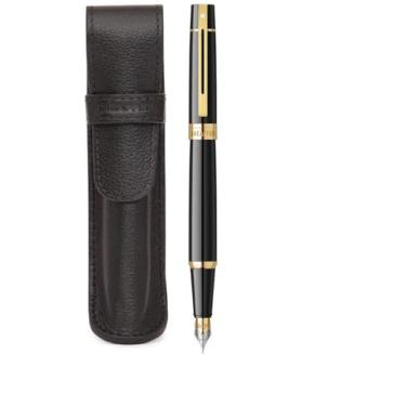 Imagem de Sheaffer Conjunto de presente preto brilhante 300 com caneta dourada e bolsa de couro (caneta fonte, ponta média)