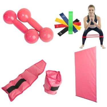 Imagem de Par Halter 01 Kg Rosa + Par Caneleiras 01 Kg Cor Rosa + Colchonete Rosa + 5 Elásticos Multifuncionais
