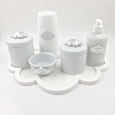 Imagem de Kit Higiene Bebê Porcelana Tema Nuvem Prata Bandeja Mdf Garrafa 6pçs -