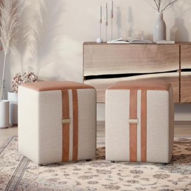 Imagem de Conjunto 2 Puff Puf Banqueta Sala Couro e Linho 45X35 -Domus- Bege