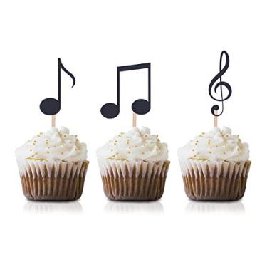 Imagem de Palitos de enfeite de cupcake com notas musicais, pacote com 24 decorações musicais de suprimentos de festa de aniversário para chá de bebê