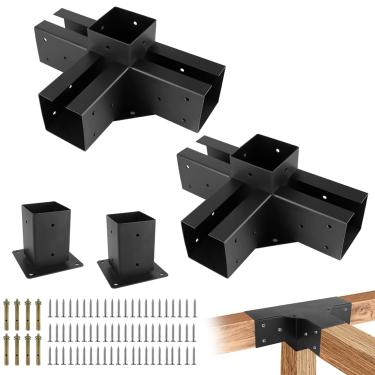 Imagem de Kit de suportes de gazebo Pergola Nopwer – Suporte de canto de ângulo reto de 4 vias para vigas de madeira de 10 x 10 cm