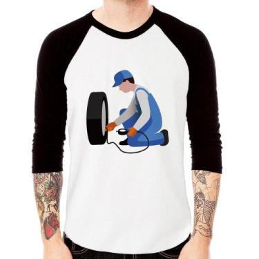 Imagem de Camiseta Raglan Borracharia Manga 3/4 - Foca na Moda, Branco, Preto, M