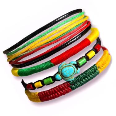 Imagem de LAVIP Leather Pulseira trançada hippie xadrez Rasta cordão de cera cânhamo feito à mão reggae jamaicano estilo havaiano ajustável