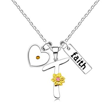 Imagem de Uloveido A-Z 26 Colar com pingente de girassol do alfabeto para mulheres, meninas, aço inoxidável, pingente religioso, coração, semente de mostarda, fé, nome e letra Y2930, Aço inoxidável, Zircônia