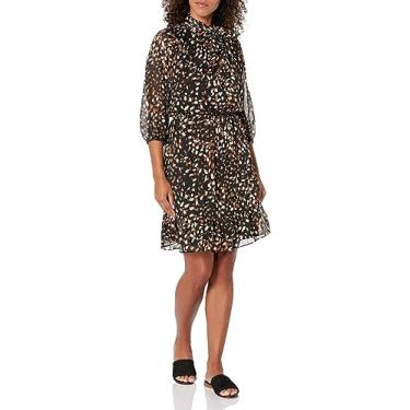 Imagem de London Times Vestido feminino versátil com bainha franzida e decote laço na cintura, Preto/Cinza-acinzentado, 40