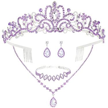 Imagem de CIEHER Conjunto de joias femininas de 4/5 peças - coroa de strass + colar de gota + pulseira elegante + brincos pendentes de gota de cristal para festa de casamento nupcial, One Size