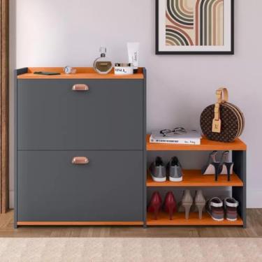 Imagem de Sapateira Vertical Milano 2 Gavetas Basculantes Estilo Retrô Porta Calçados com Banquinho Decoração Ideal para Hall Entrada e Quarto (BRANCO) (Cinza/Cinamomo)