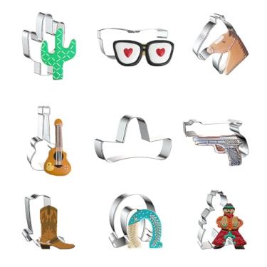Imagem de ZDYWY Conjunto de 9 peças de cortadores de biscoito de caubói ocidental - óculos de cacto, guitarra de cavalo, cinco de maio, chapéu sombrero, arma de pistola, bota de caubói ferradura - b