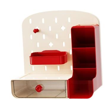 Imagem de DimyFew Organizador de mesa pegboard com gaveta, prateleira de posição de trabalho, suporte de caneta, acessórios de mesa para sala de jogos, Bege Vermelho