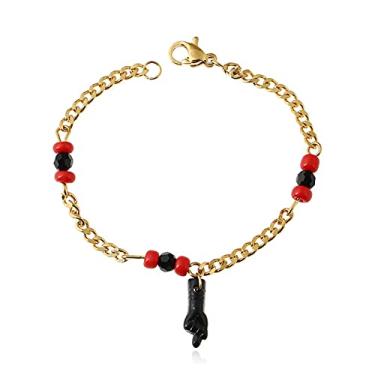 Imagem de Caiyao Pingente de mão com gesto Figa banhado a ouro 18 K, pulseira de corrente azabache, tornozeleira de mão de bebê, amuleto de boa sorte, joia de proteção para mulheres e meninas, 5.9 inches, Metal