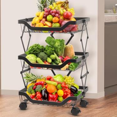 Imagem de Cesto de Frutas de Metal de 3 Níveis, Fruteira, DobráVel Fruteira de Chão para Cozinha, Carrinho Organizador, Fruteira de Chão para Cozinha Inox, Carrinho Organizador com Rodinhas, Carrinho de Livros