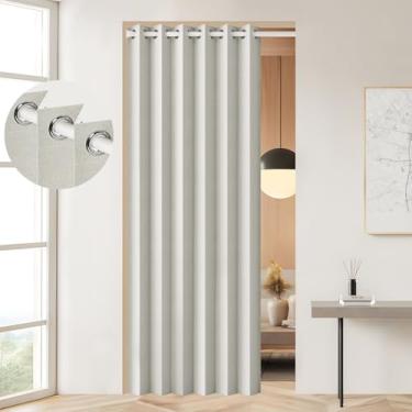 Imagem de HMYI Cortina magnética dobrável 100% blackout para portas plissadas para divisória de quarto, cortinas de armário estilo acordeão para armário aberto, 1 painel, L 114 x C220, natural