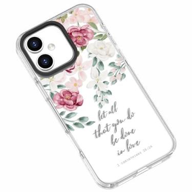 Imagem de frepstudio Capa transparente e fofa compatível com iPhone 16 para meninas e mulheres, bíblia Vesre rosas escrituras inspiradoras citações cristãs Corinthians 16:14 capa protetora macia compatível com