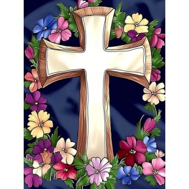 Imagem de F-CANLAN Kit de pintura de diamante redondo completo 5D cruz flor diamante arte cruz diamante pintura de arte por números Deus pintura diamante para decoração de quarto adulto iniciante (30,5 x 40,6