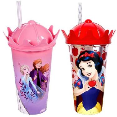 Imagem de 2 Copos Shake Tampa de Coroa Com Canudo Princesas Frozen E Branca De N