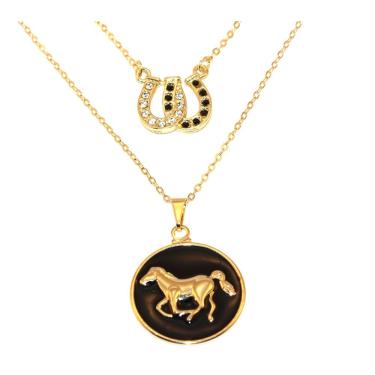 Imagem de Colar Duplo Country Medalha Cavalo Ferradura Folheado 18k
