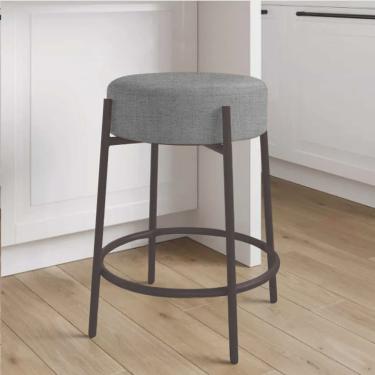 Imagem de Banqueta Alta Sintra 65cm Redonda Ferro Marrom Linho Cinza - Ahazzo Móveis